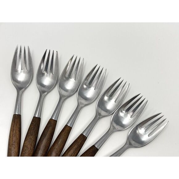Dansk FJORD Dinner Forks Teak Handle Stainless Steel Germany 7 1/8” Set Of 7 - Picture 5 of 9
